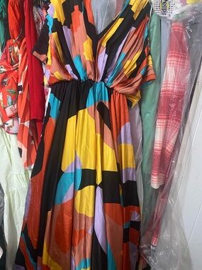 JustClo Black Satin Dress with Pink and Yellow Trim - XS